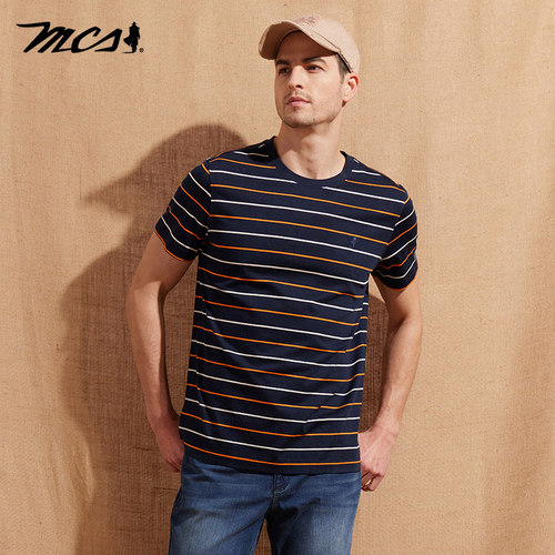 mcs圆领双色细条纹短袖T恤男士夏