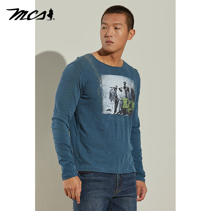 MCS男装源自万宝路男款美式复古长袖修身原身布圆领印花棉T