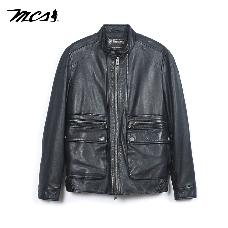 MCS手工擦色短款立领羊皮革皮衣