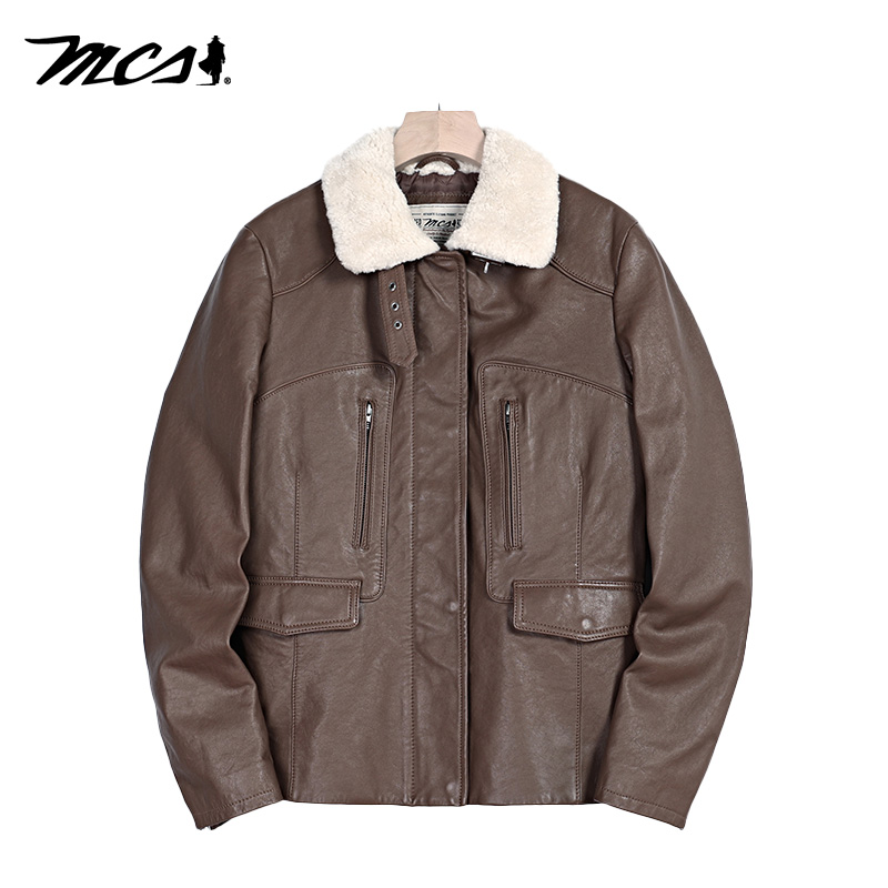 MCS合身翻毛领绵羊皮羽绒皮衣女