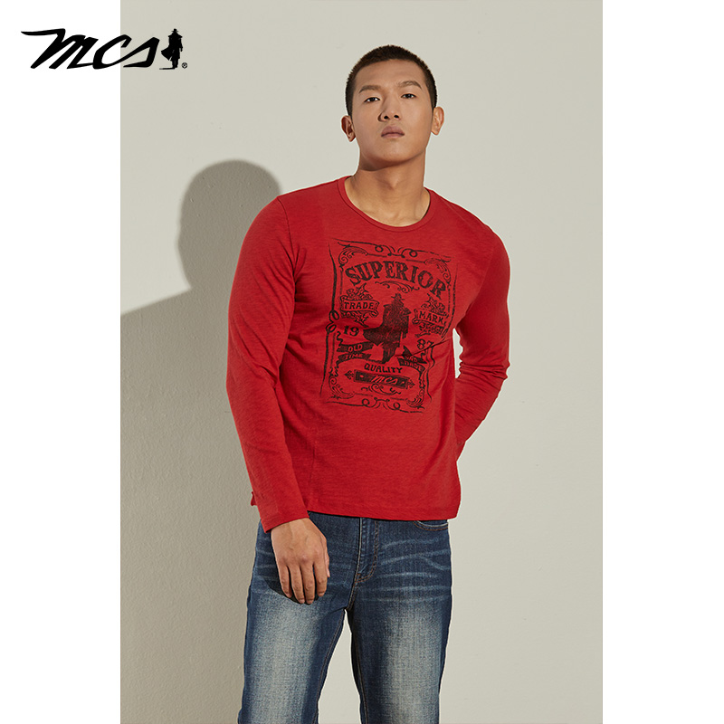 MCS合身纯棉罗纹圆领印花长袖T恤