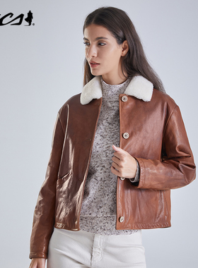 MCS源自万宝路秋冬新款女士毛领皮衣夹克时尚休闲绵羊皮真皮外套