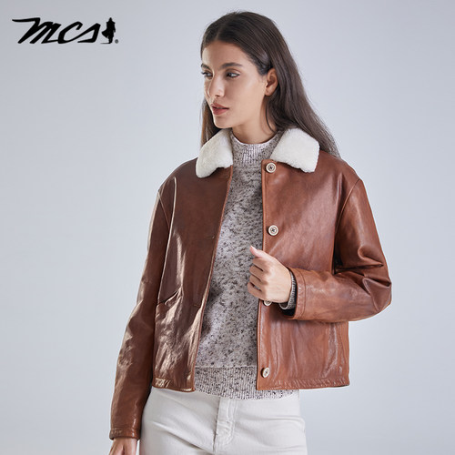 MCS时尚休闲毛领保暖皮衣夹克女