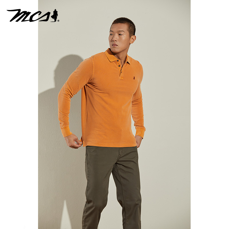 MCS男装源自万宝路美式纯棉POLO衫合身成衣件染扁机领净色长袖