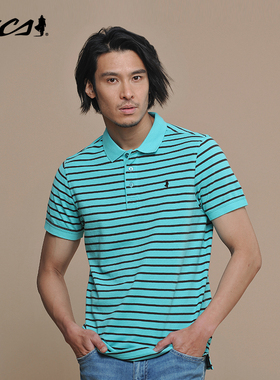 MCS男装源自万宝路男士纯棉条纹简约休闲翻领色织横间短袖POLO衫