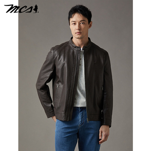 版 MCS男装 修身 机车款 立领绵羊皮革真皮皮衣外套男 源自万宝路春季