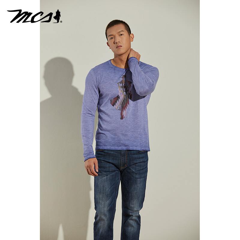 MCS男装源自万宝路美式休闲长袖合身罗纹圆领古骑士印花棉T