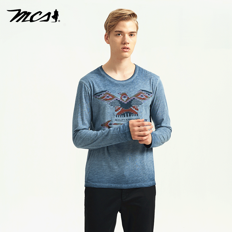 MCS男装源自万宝路春秋季美式休闲棉T罗纹圆领古着洗印花长袖