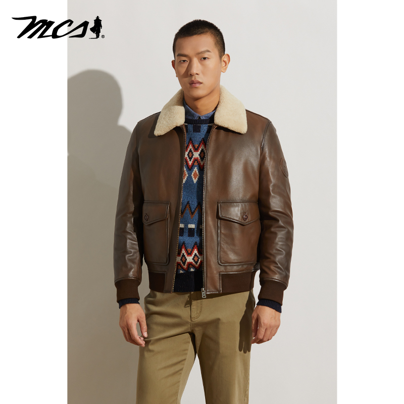 MCS翻毛领休闲复古羽绒皮衣夹克