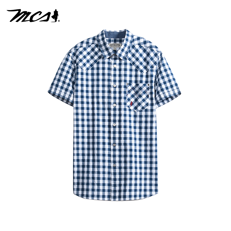 MCS男装源自万宝路夏季新款纯棉格子衬衣美式休闲短袖衬衫