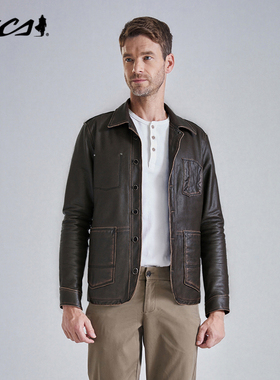 MCS男装源自万宝路秋冬新款擦色牛皮工装款皮衣做旧复古鸭绒皮衣