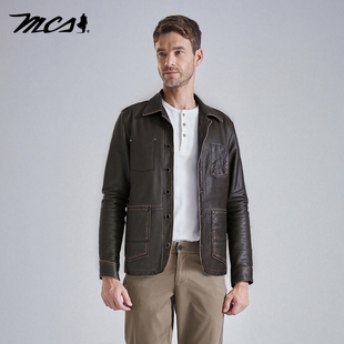 款 擦色牛皮工装 皮衣做旧复古鸭绒皮衣 源自万宝路秋冬新款 MCS男装