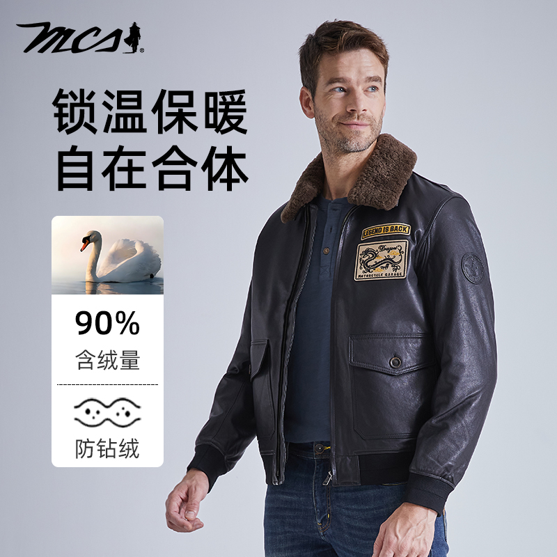 MCS油蜡绵羊皮飞行员羽绒皮衣男