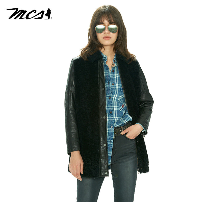 MCS翻领拼接中长款绵羊皮皮衣女
