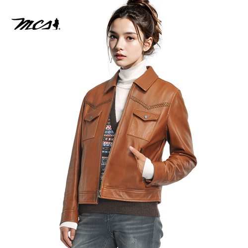 MCS翻领复古休闲绵羊皮皮衣夹克