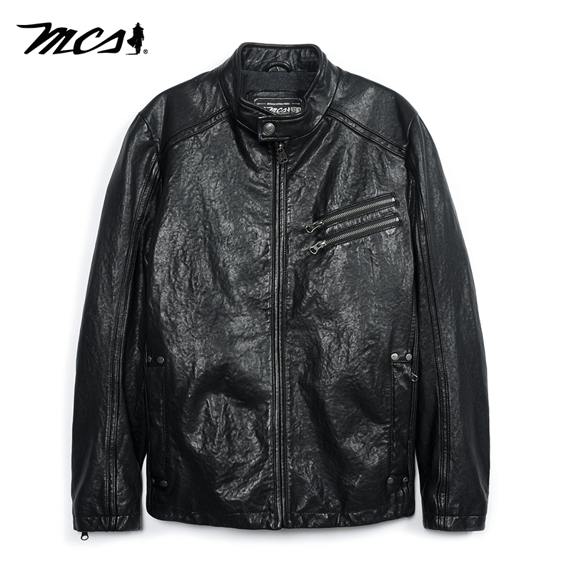 MCS修身立领机车款绵羊皮革皮衣