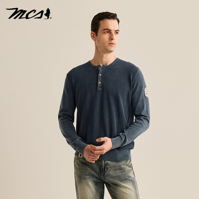 mcs舒适透气亨利领长袖针织衫