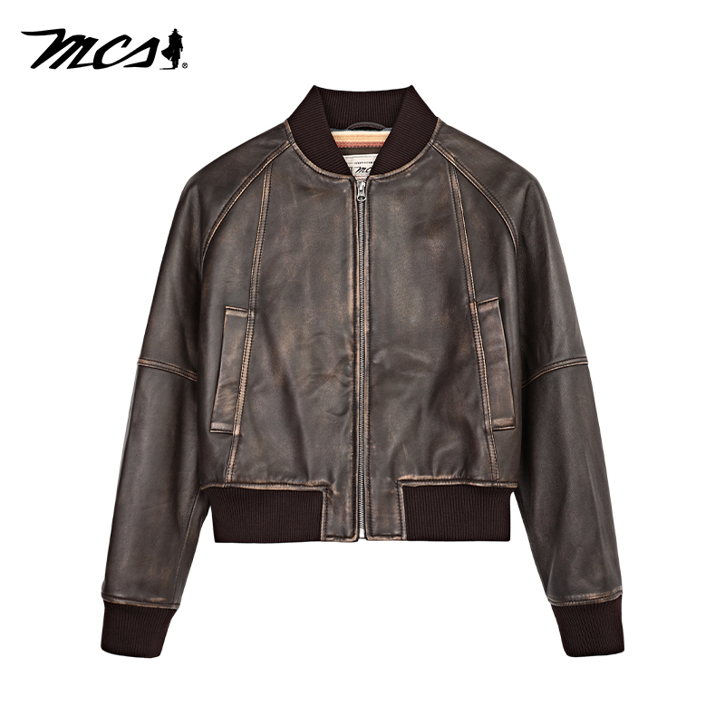 MCS棒球领短款褪色绵羊皮皮衣女