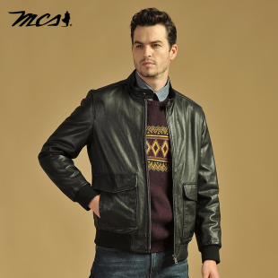 立领贴袋羊皮革真皮皮衣夹克外套 休闲短款 MCS男装 源自万宝路秋季