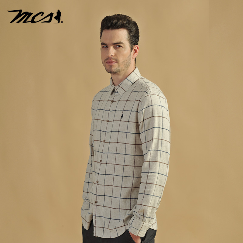 MCS纯棉透气磨毛色织格长袖衬衫