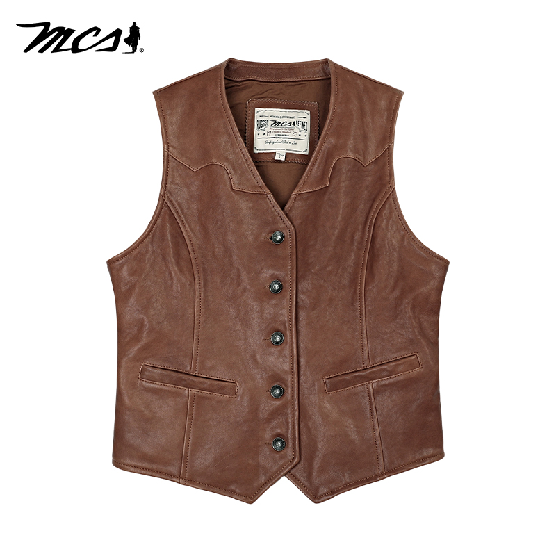 MCSV领绵羊皮革西部牛仔皮衣马甲