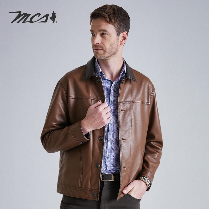 MCS松身落肩撞色翻领绵羊皮皮衣