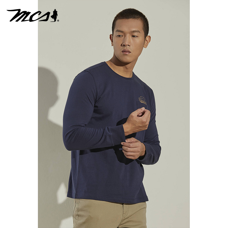 MCS男装休闲罗纹圆领长袖T恤打底