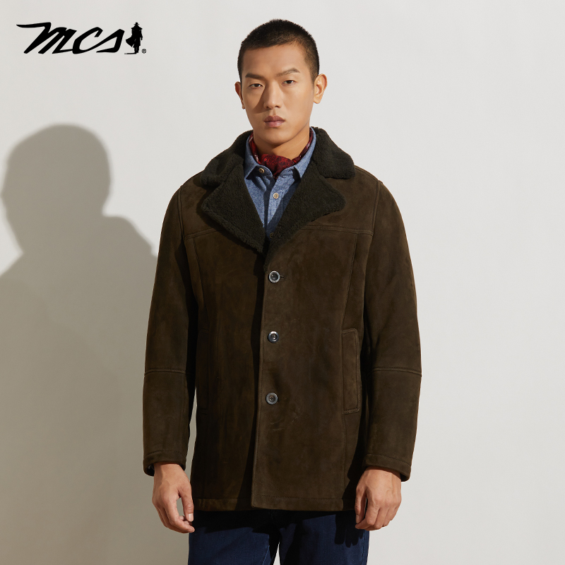 MCS翻驳领净色中款保暖皮衣外套