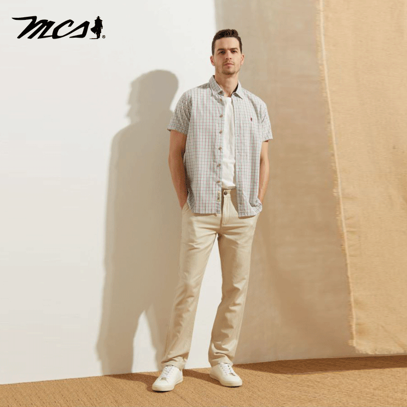 MCS纯棉透气格子商务短袖衬衫男
