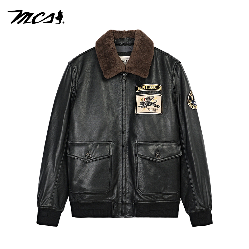 MCS油蜡绵羊皮翻毛领羽绒皮衣男