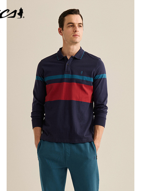 MCS男装源自万宝路春秋款纯棉亲肤商务翻领长袖T恤横条纹POLO衫