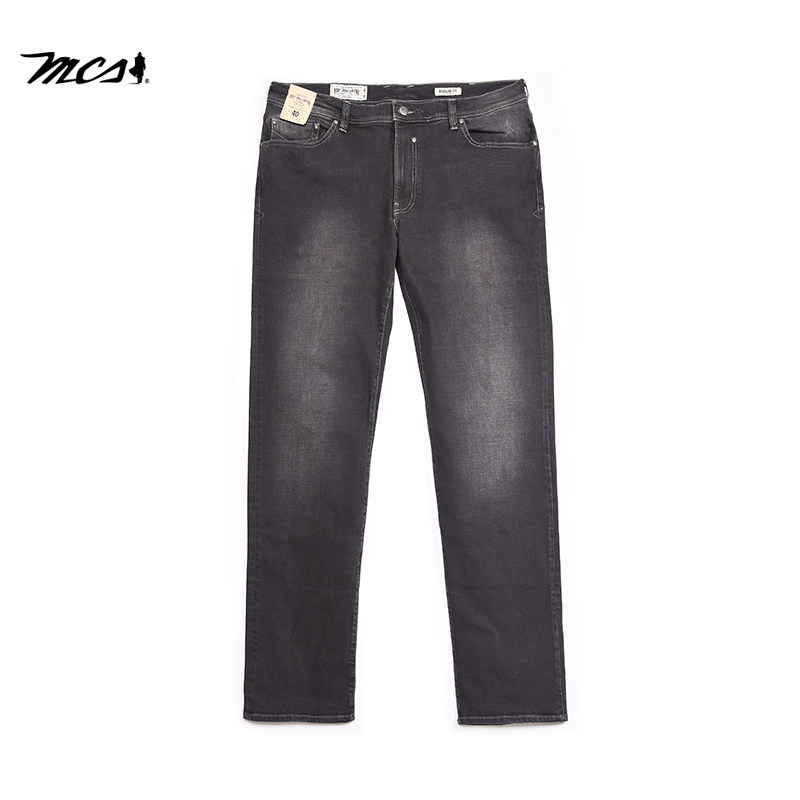 MCS合身直筒微弹水洗做旧牛仔裤