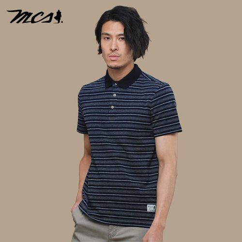 MCS细条纹翻领休闲短袖T恤男士夏
