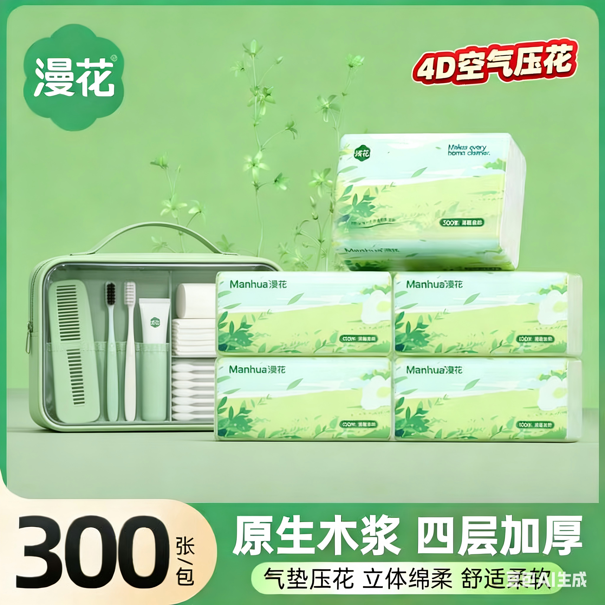 漫花旅行洗漱套装300张原生木浆四层加厚便携收纳气垫压花