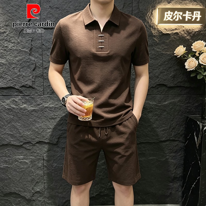 皮尔卡丹男士老钱风短袖短裤套装
