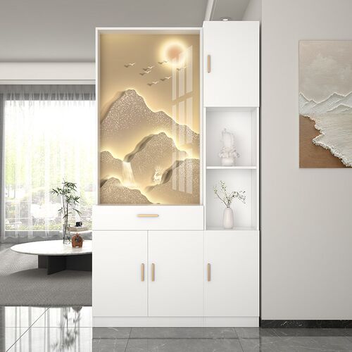 日照金山进门屏风柜客厅实木艺术玻璃正对大门入户玄关柜