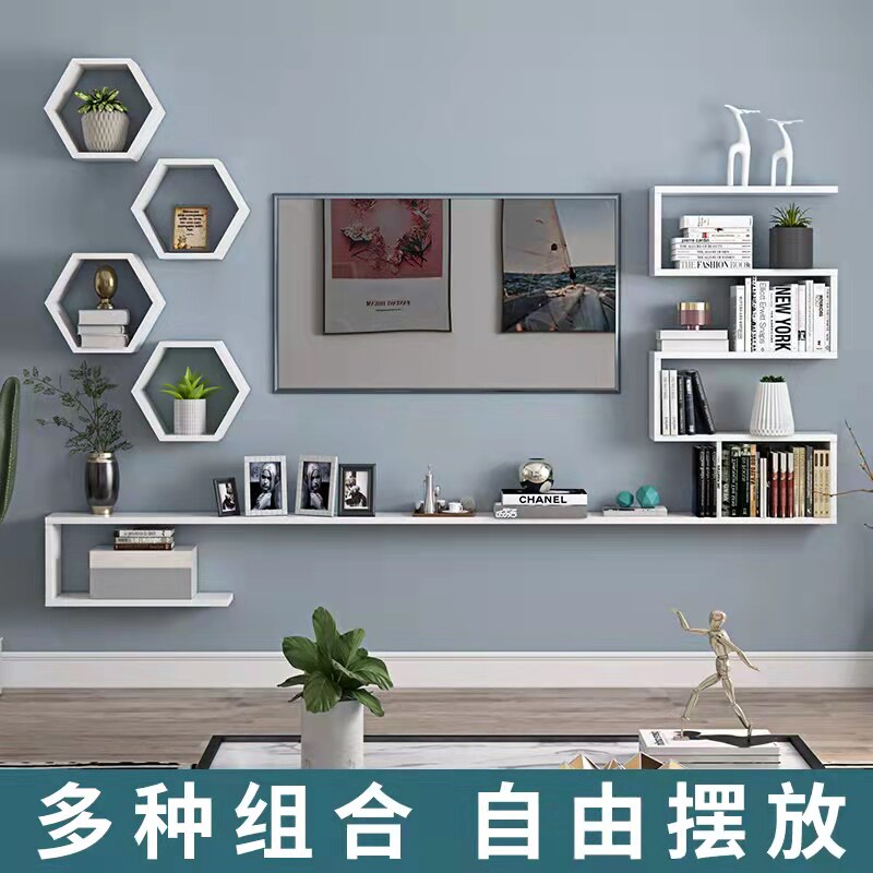 墙上壁挂电视柜背景墙装饰柜式实木格子悬空壁柜小户型