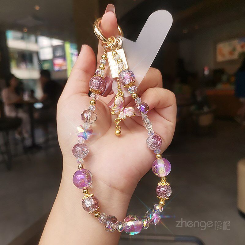 手挂绳端女款蝴蝶铃铛水晶串珠挂件结实牢固时尚潮流通用