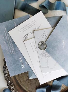 MarrySo高端定制雾霾蓝婚礼请帖 结婚请柬蓝色水彩简约风格莫兰迪