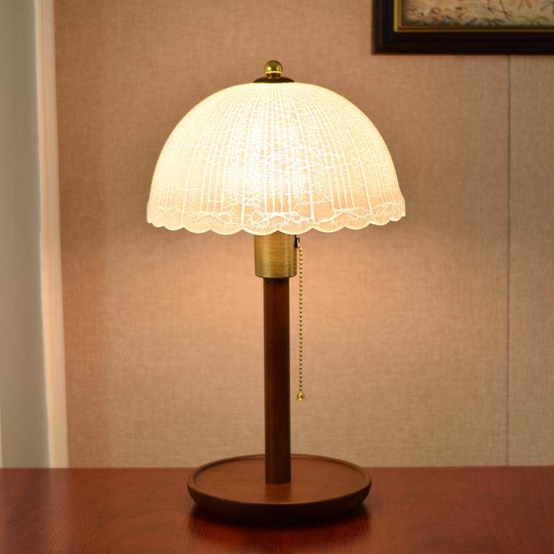 中古卧室台灯床头灯美式复古客厅喝茶室玻璃罩灯 拉线开关 木底座