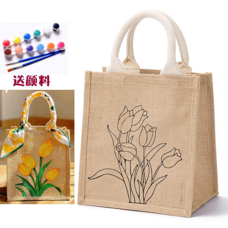 手工涂鸦麻布袋定制手提袋防水黄麻袋包包编织袋麻布包diy手绘包