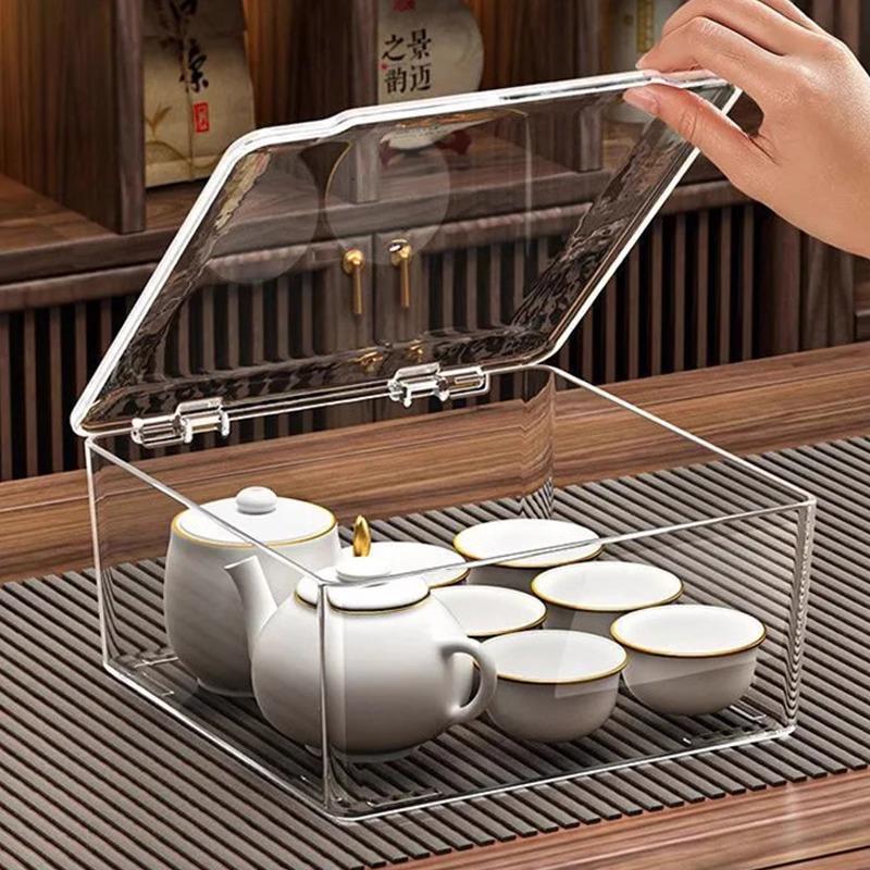 茶具收纳盒带盖防尘透明茶几桌面茶叶茶杯整理存放功夫茶壶置物架