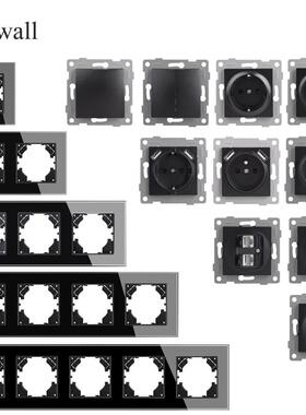 COSWALL 黑色玻璃面板 欧规墙壁开关插座USB充电口模块DIY