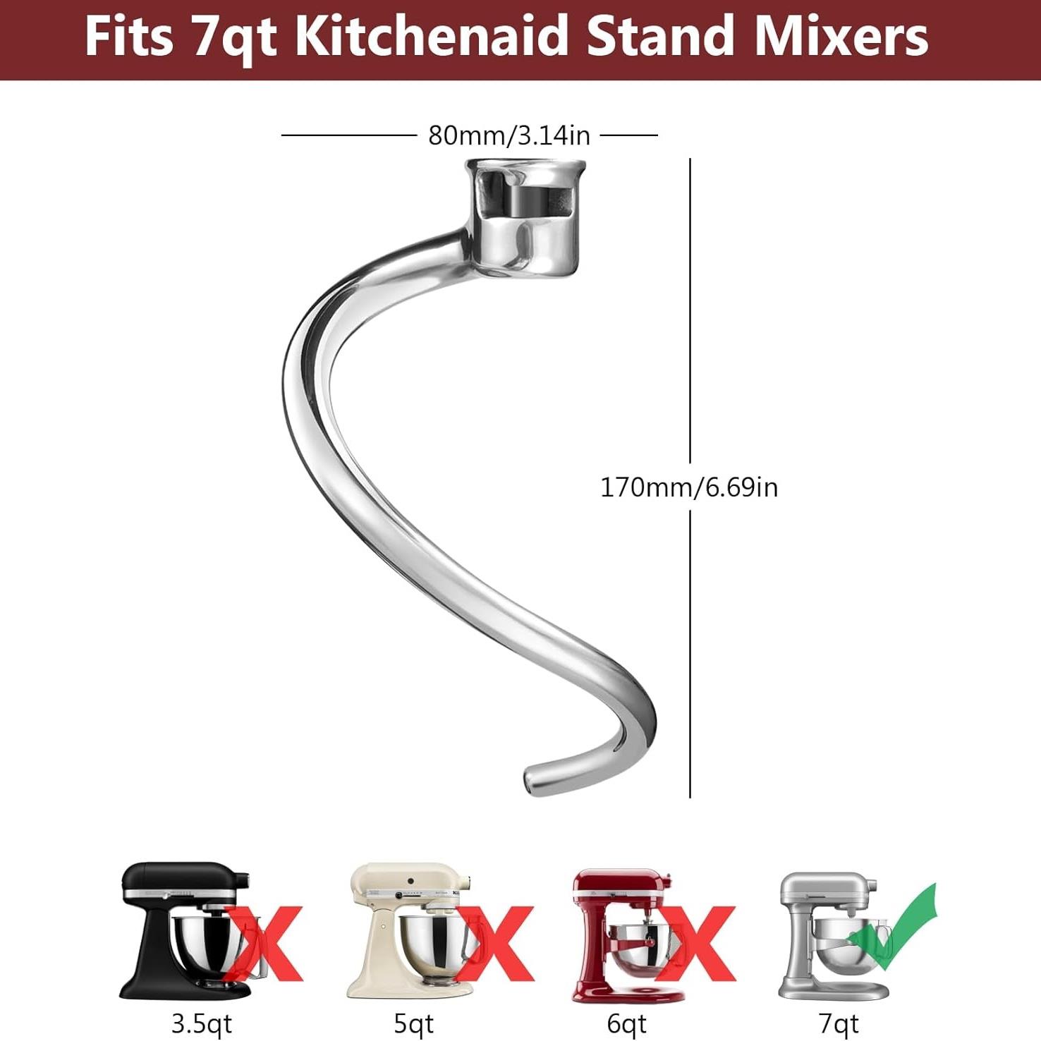 适用KitchenAid 7QT升降款搅拌机螺旋形不锈钢和面团钩可放洗碗机