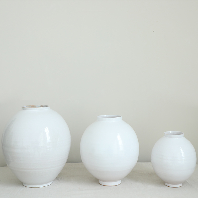 白色圆形花瓶摆件客厅插花水培花器复古粗陶月亮罐瓶民宿禅意装饰