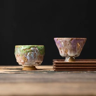 志野主人杯樱花斗笠杯果绿青心杯鎏金金虫洞茶杯纯手工主人杯礼盒