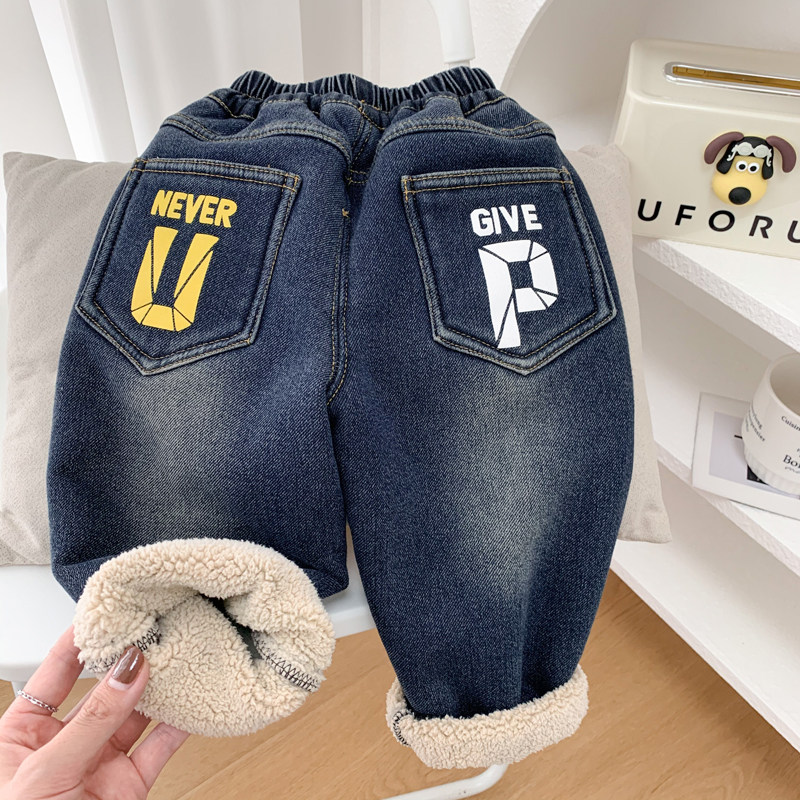 男童加绒加厚牛仔裤2023冬季新款儿童羊羔绒柔软裤子小童保暖长裤