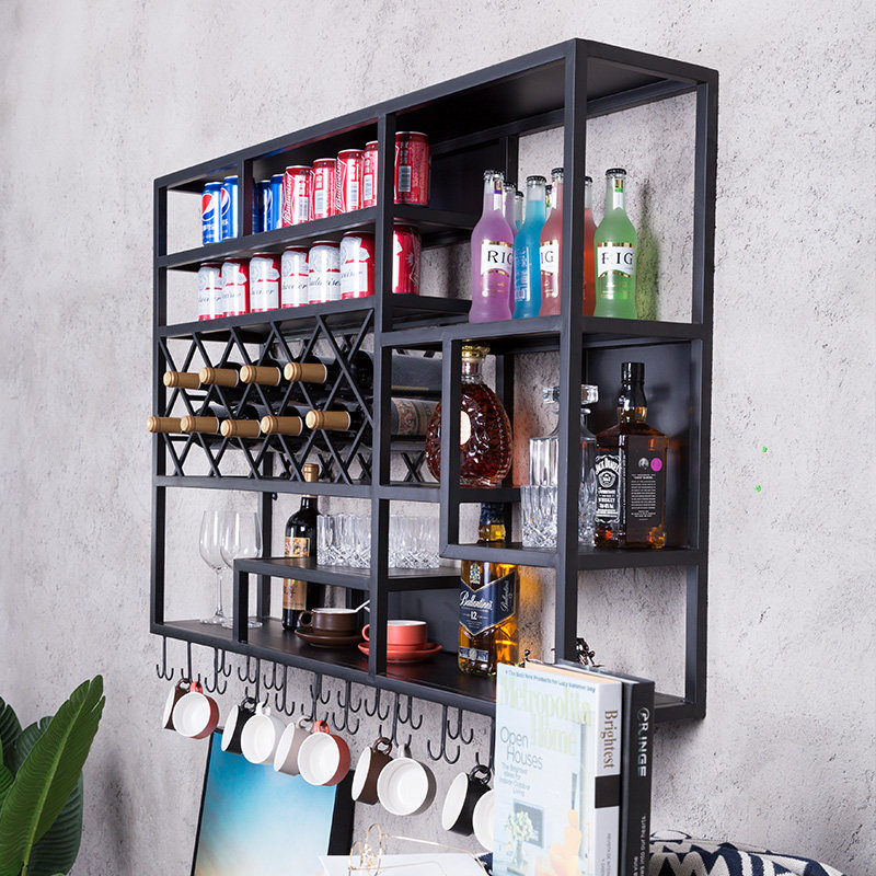 酒吧柜壁挂置物架北欧简约装饰铁艺吊顶餐厅红酒架格子菱形展示柜