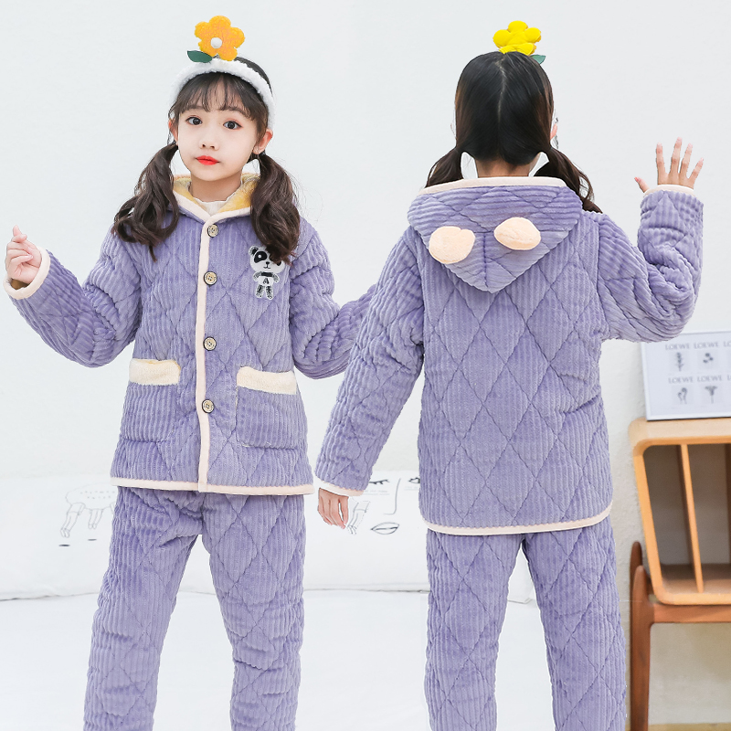 儿童法兰绒睡衣秋冬季加厚夹棉男童女童珊瑚绒宝宝居家服保暖套装