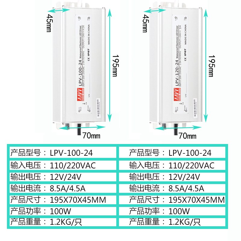 明伟LPV-350W-12V防水开关电源24V12W20W30W60W100W200W250W300W